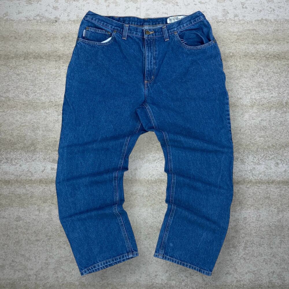 Vintage 90s Carhartt Jeans 38x30 Relaxed Dark Wash Work Wear Denim White Logo - Picture 2 of 7